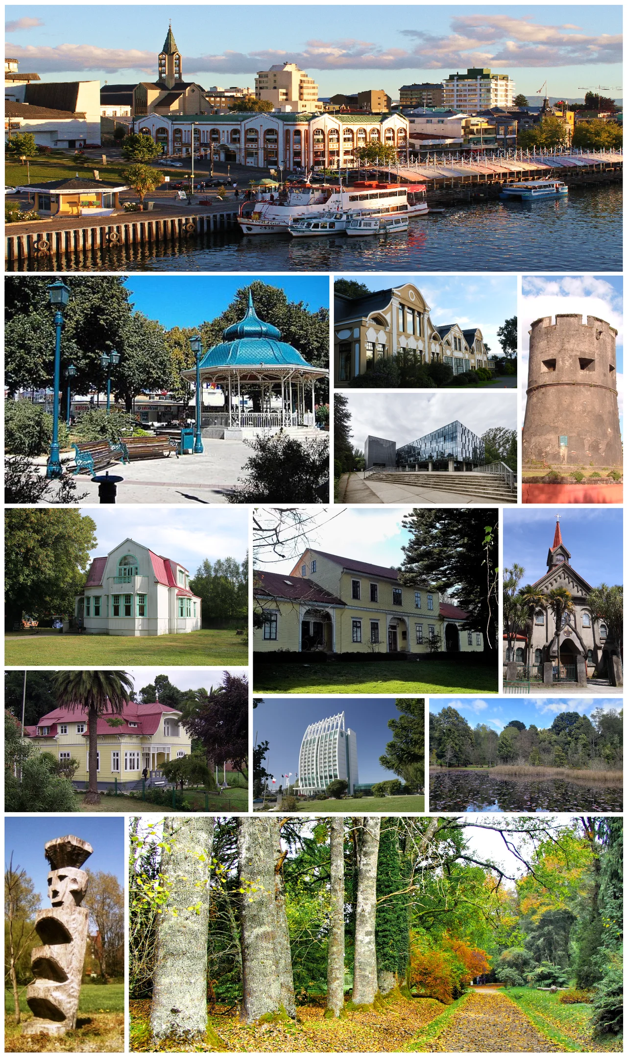 Montage of Valdivia, Republic of Chile. Description:
1º row: Valdivia waterfront facing to Calle-Calle river.
2º row: (left) Town square of Valdivia, (center-top) Naguilán hotel, (center-down) Sciences Building of the Austral University, (right) Los Canelos turret.
3º row: Rudolph Amandus Philippi Museum, Historical and Anthropologic Museum Maurice van de Maele, & St. Francisco Church.
4º row: Prochelle house, Dreams Hotel & Casino, and Los Lotos lagoon in Teja island.
5º row: Mapuche's Rewe, and Botanical Garden of Valdivia.
