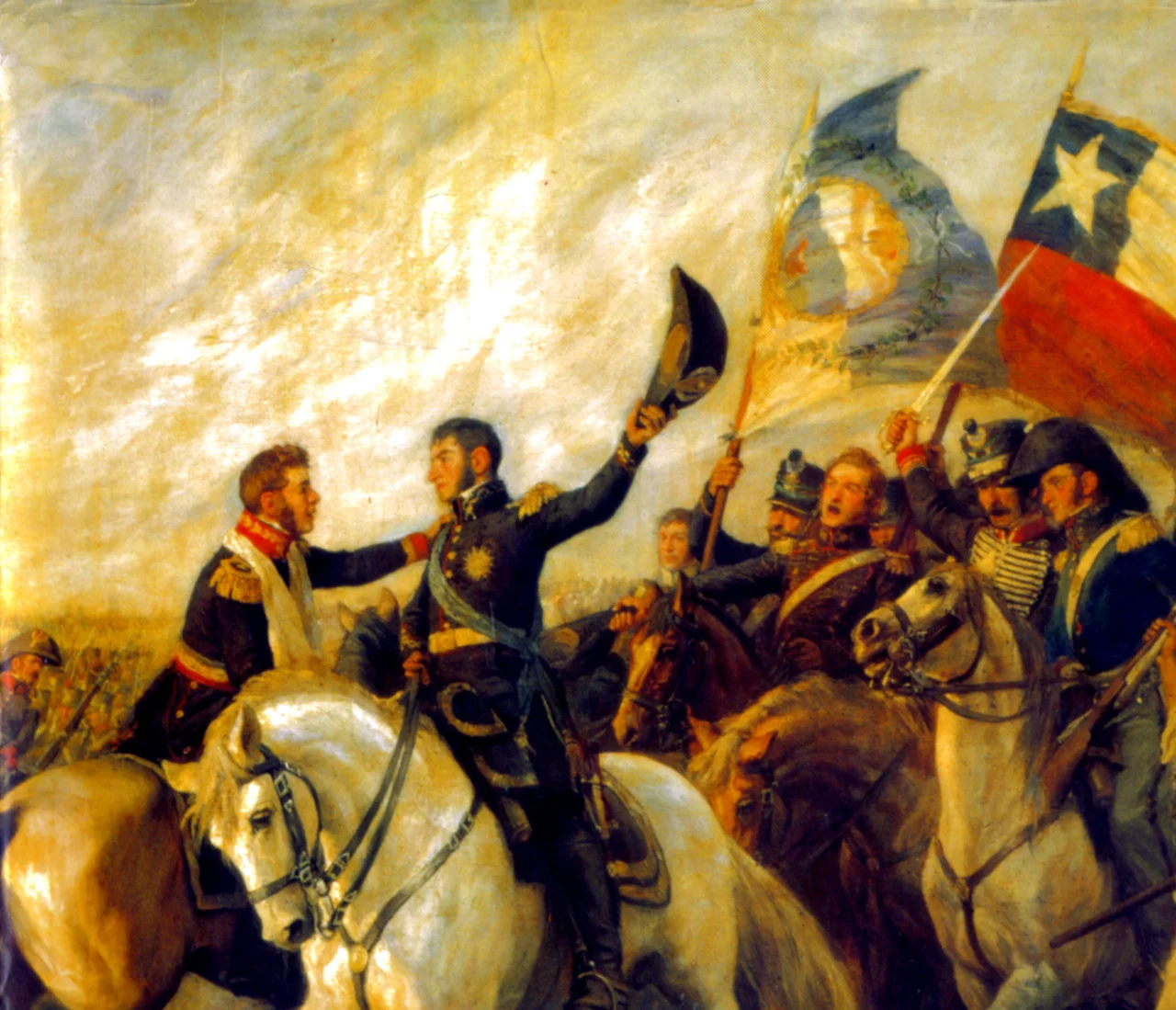The "Embrace of Maipú" between José de San Martín y Bernardo O'Higgins after the victory in the Battle of Maipú, April 5th, 1818.