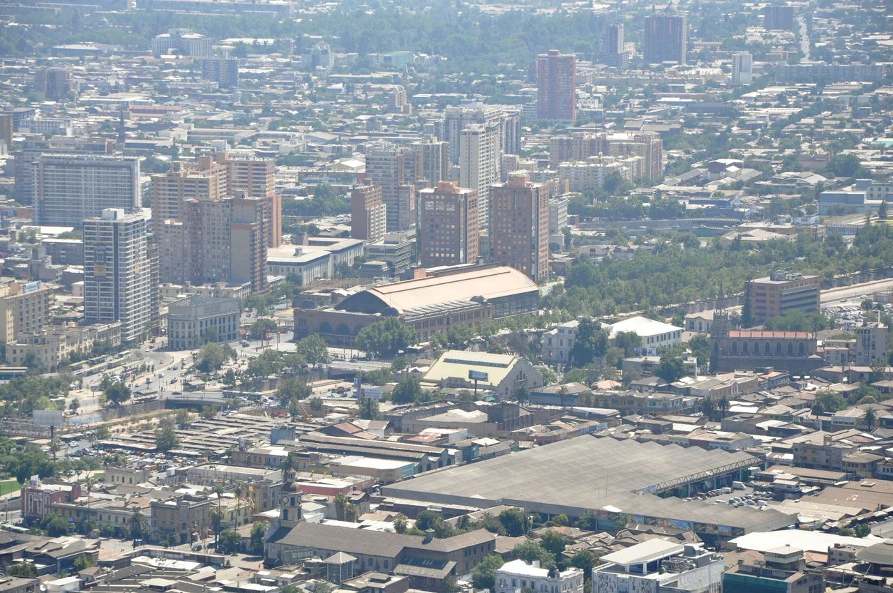 Aerial view of the Estación Mapocho in Santiago, Chile. Image taken from the summit of the San Cristobal Hill.
