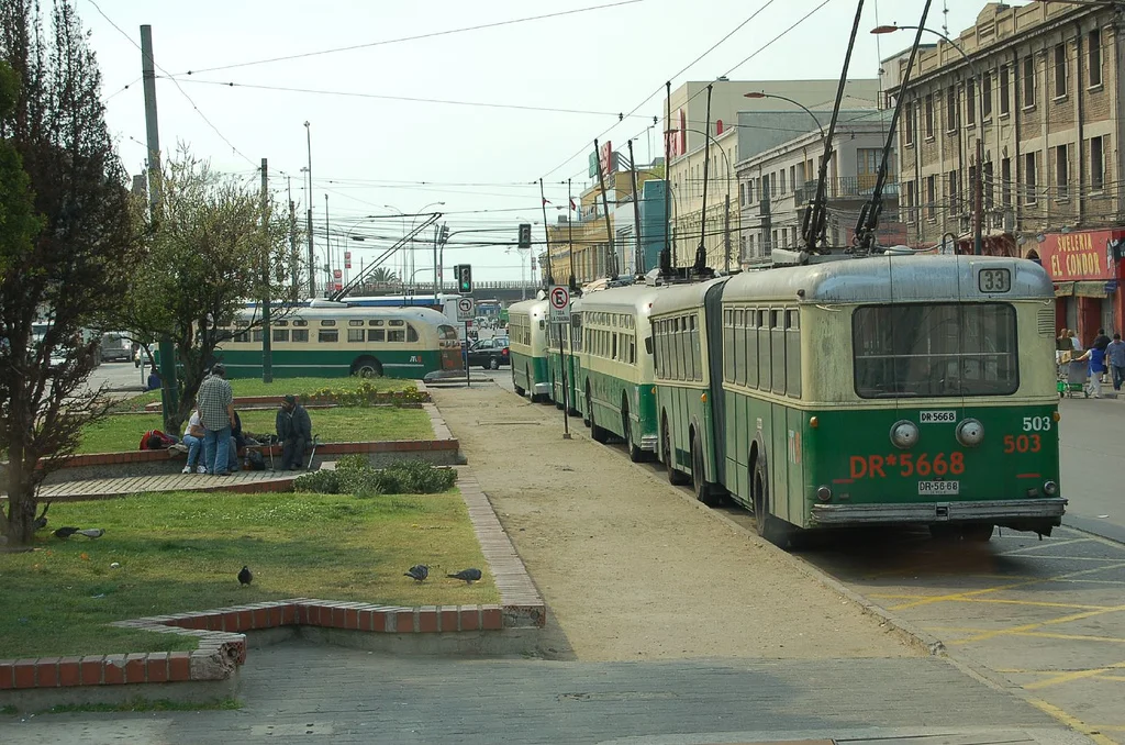 Trolleybuses in Valparaíso, Chile, at the Barón terminus of the Valparaíso trolleybus system. Most of these are Pullman-Standard trolleybuses, but the one closest to the camera is ex-Zürich, Switzerland trolleybus (No. 503, ex-129) built by FBW.