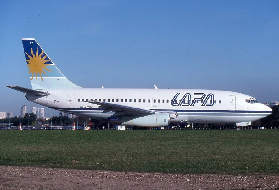 A Boeing 737-204C of LAPA at Jorge Newbery Airpark. This aircraft crashed in Buenos Aires on Aug 31, 1999 killing 65 people