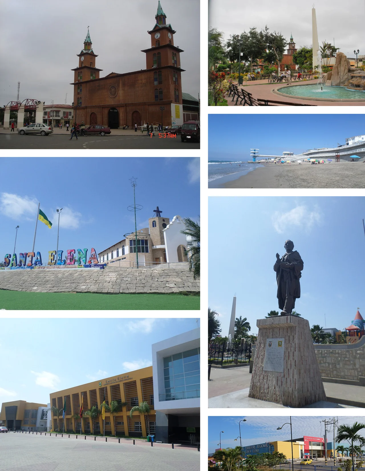 From top, left to right: Saint Helena Empress Cathedral, Vicente Rocafuerte Central Park, Ballenita beach, El Tablazo viewpoint, monument to Vicente Rocafuerte, City hall of of Saint Helena and Sumpa Regional Bus station.