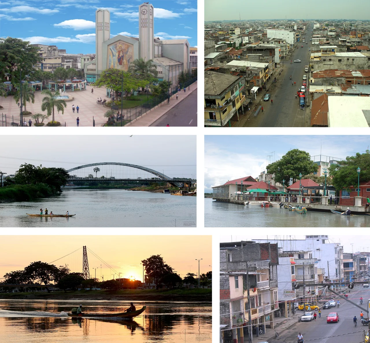 From top, left to right: Cathedral of Our Lady of Mercy next to the Central Park May 24, view of the southwest of the city, Catarama River Bridge, October 9 Boardwalk, Babahoyo River and García Moreno Street.
