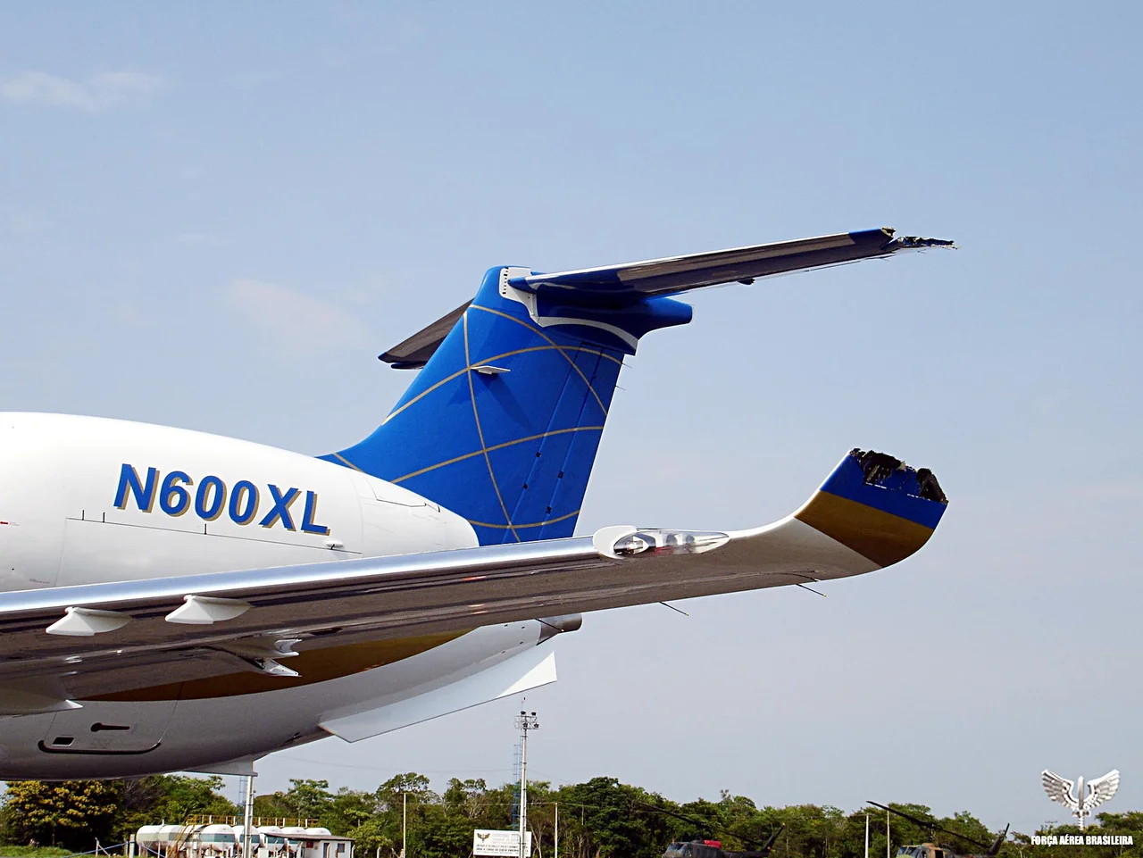 Damaged Embraer Legacy 600 aircraft, which earlier had hit the Gol 1907 aircraft, at Brigadeiro Velloso Air Force Base, Pará, Brazil.