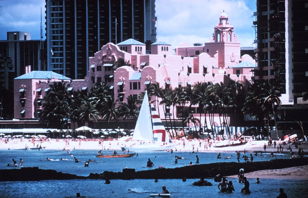 Waikiki Beach and Royal Hawaiian Hotel. 1969 December.