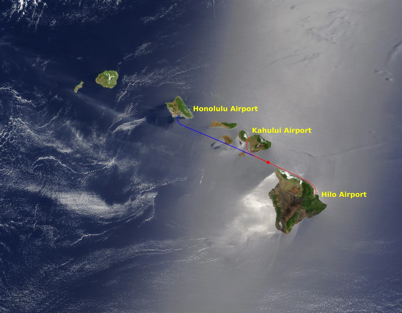Route of Aloha Airlines Flight 243. In blue, the original flight plan, and in red, the detour after the incident.