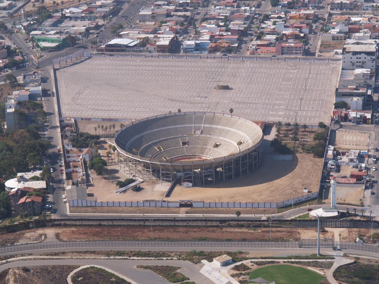 Aerial view of the Plaza de Toros Monumental de Tijuana or the Bullring by the Sea in Tijuana, Baja California, Mexico