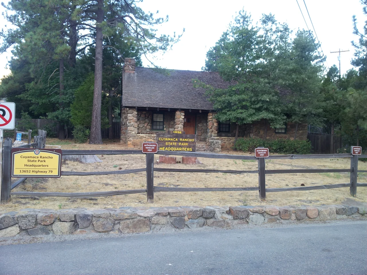 The Cuyamaca Rancho State Park stone headquarters building and sign.
Located in the Laguna Mountains, of San Diego County, California.