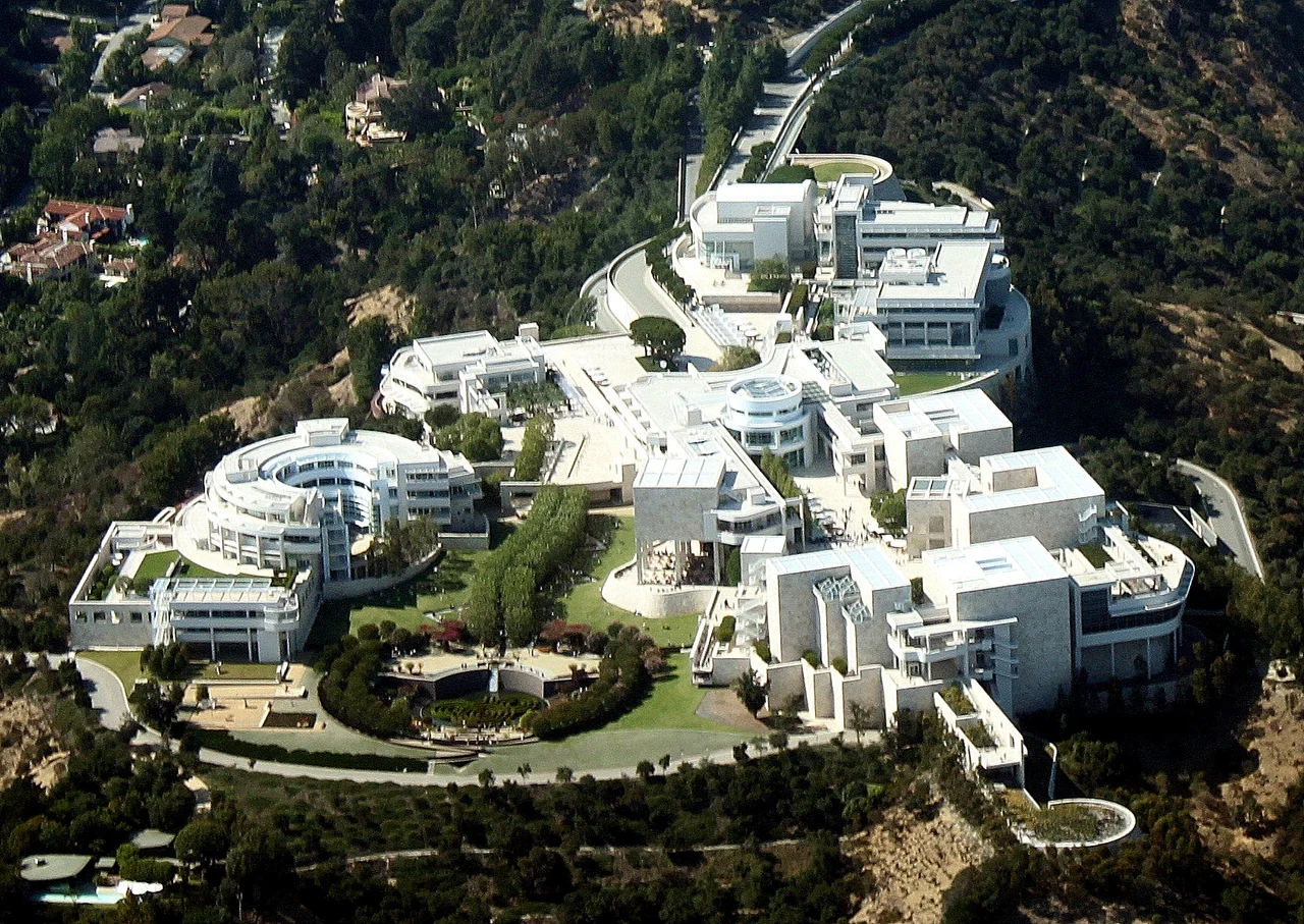 An aerial view of the Getty Center museum in Brentwood, Los Angeles, viewed from the south.