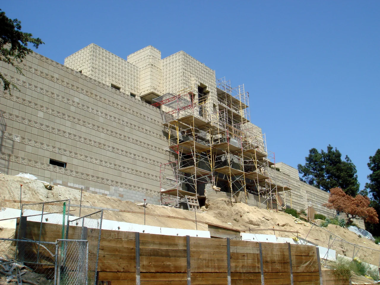 The Ennis House house, by Frank Lloyd Wright, in the hills above Los Angeles, California.  The home was significantly damaged by earthquakes and is currently undergoing a multi-million dollar restoration.