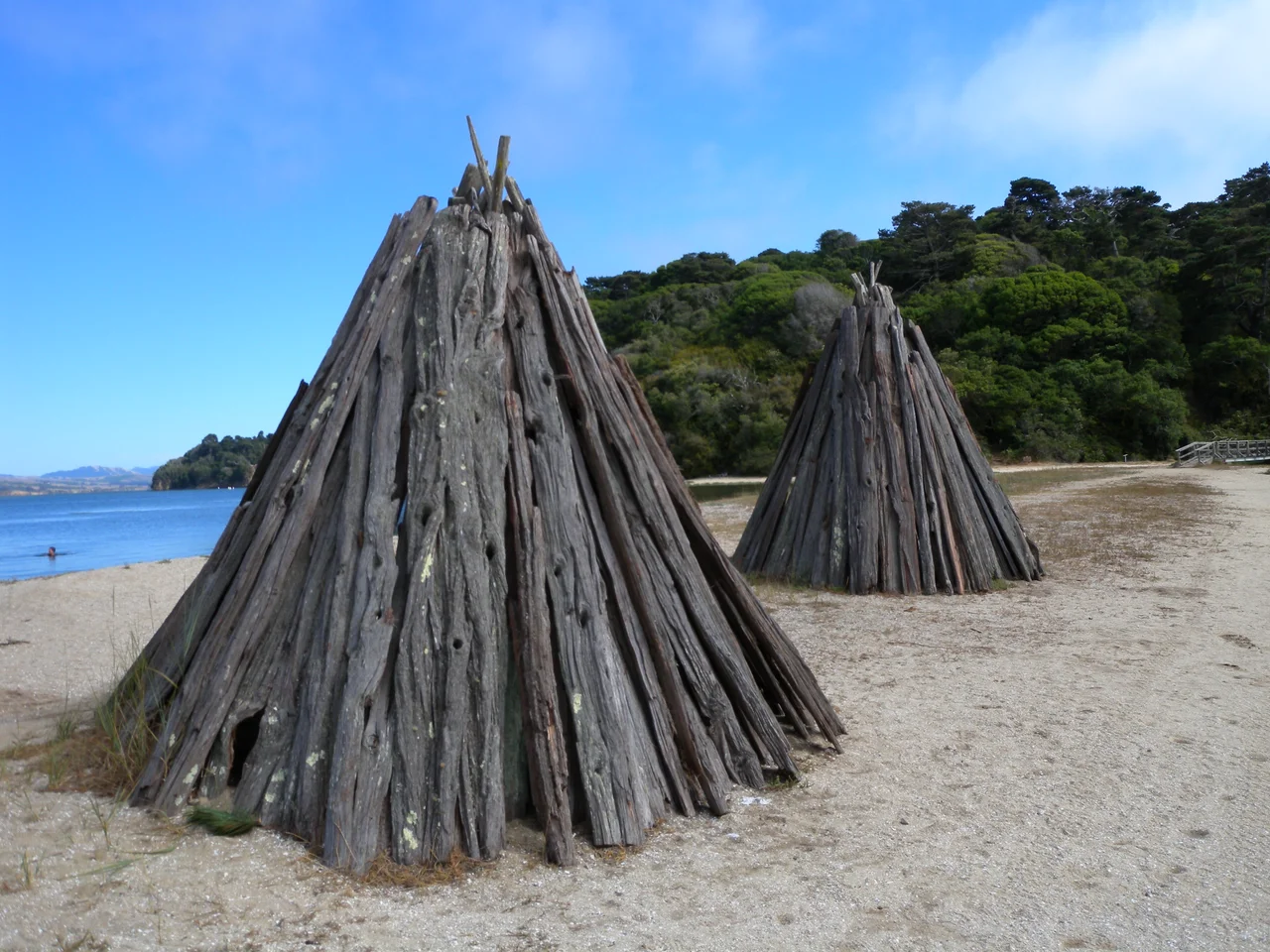 Reconstructed Miwok bark houses in Tomales Bay State Park, CA, USA