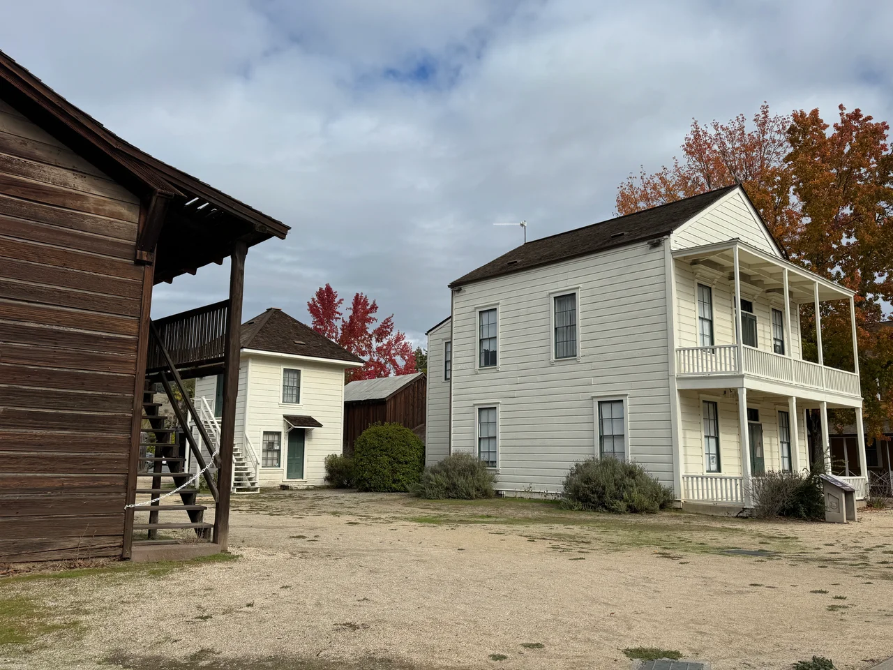 The historic barracks building of the Presidio of Sonoma, in the city of Sonoma, California USA, viewed from across the intersection of First and Spain, looking northwest. This is a mosaic created from two photos (4152 and 4153) taken at about 2 p.m. PDT on 29 June 2011.