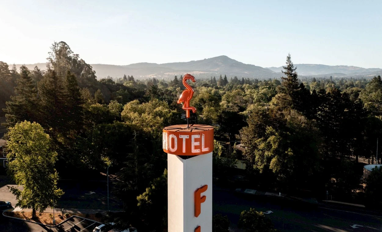 The Flamingo Resort & Spa in Santa Rosa, California (38.451642°N, 122.688597°W), a mid-century modern hotel opened in 1957 and listed on the National Register of Historic Places.”