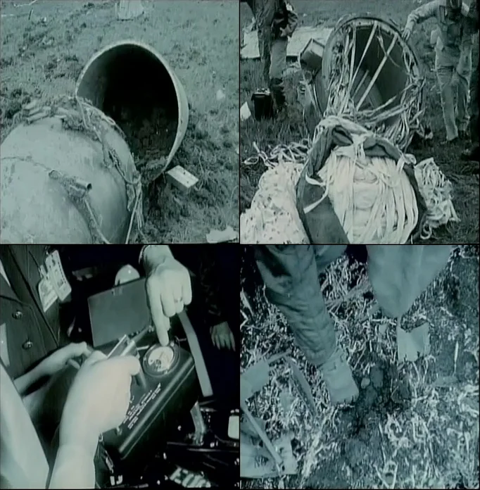 Stills from a declassified video of 1961 Crash Scene of a B-52 Bomber near Yuba City, California, showing Emergency Ordnance Disposal Activities.
At top left: Part of one of the Mark 39 nuclear bombs thrown from the aircraft upon impact, possibly the forward ballistic case or the primary sphere of the weapon whose primary broke apart.
At top right: The afterbody and parachute of one of the bombs.
At bottom left: An EOD technician adjusts and uses a Geiger counter.
At bottom right: An EOD technician picking up what is likely a piece of scattered high-explosive from the bomb which broke apart during the crash.