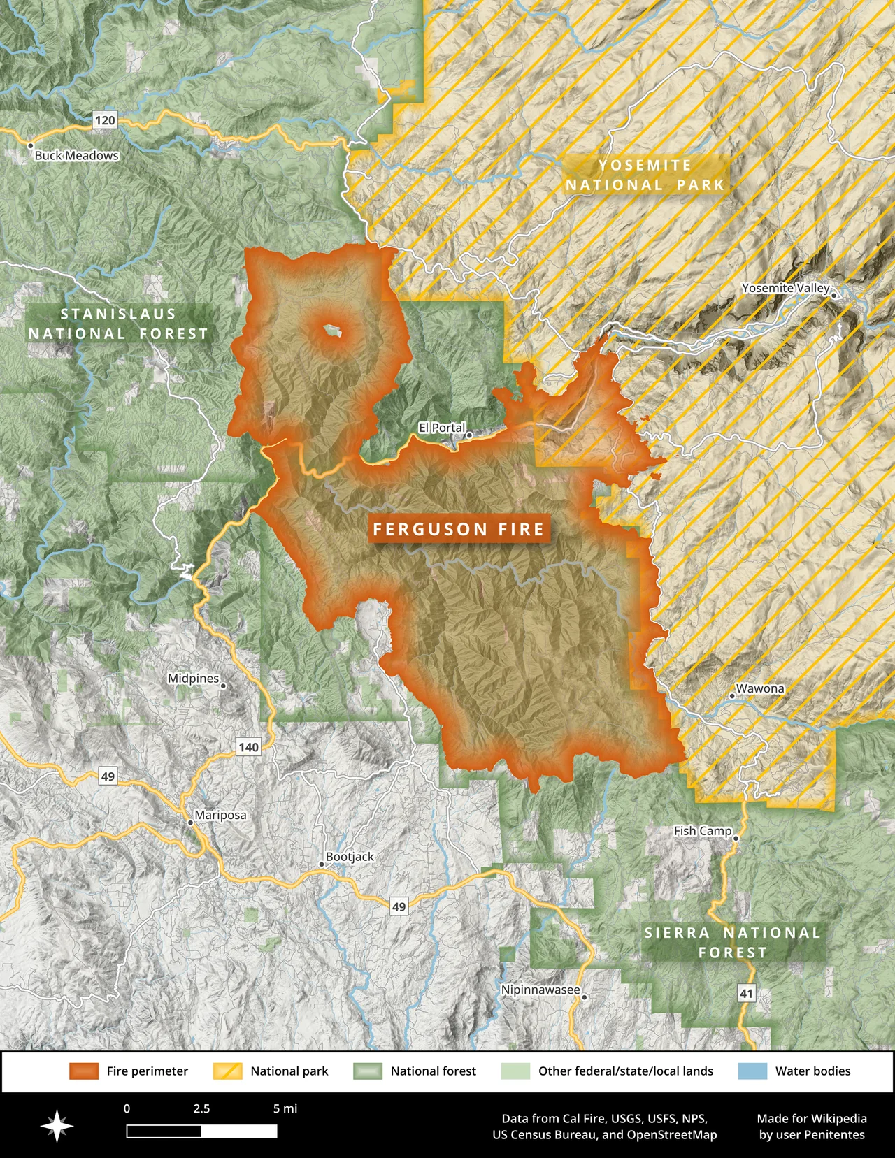 A map of the footprint of the 2018 Ferguson Fire in California's Mariposa County. The Butte Fire burned more than 95,000 acres and killed two people. This map was made in QGIS using data from Cal Fire, USGS, USFS, NPS, the US Census Bureau, and OpenStreetMap.