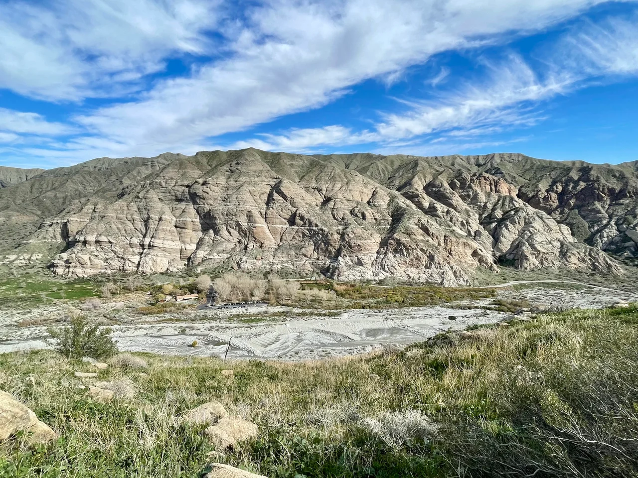 View of Whitewater Canyon at The Wildlands Conservancy’s Whitewater Preserve, Riverside County, California. The scene shows the broad wash with surrounding cliffs in the San Bernardino Mountains.