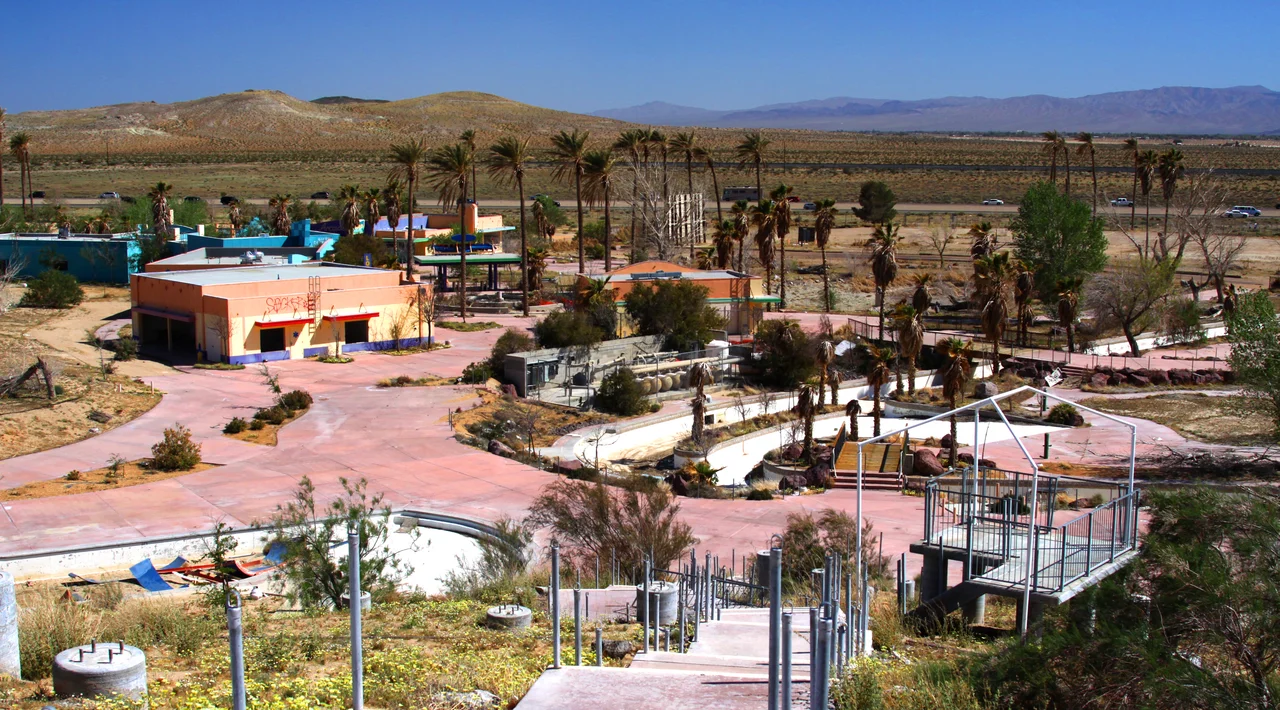 The remnants of Rock-A-Hoola Waterpark in the foreground, and Interstate 15 in the background.