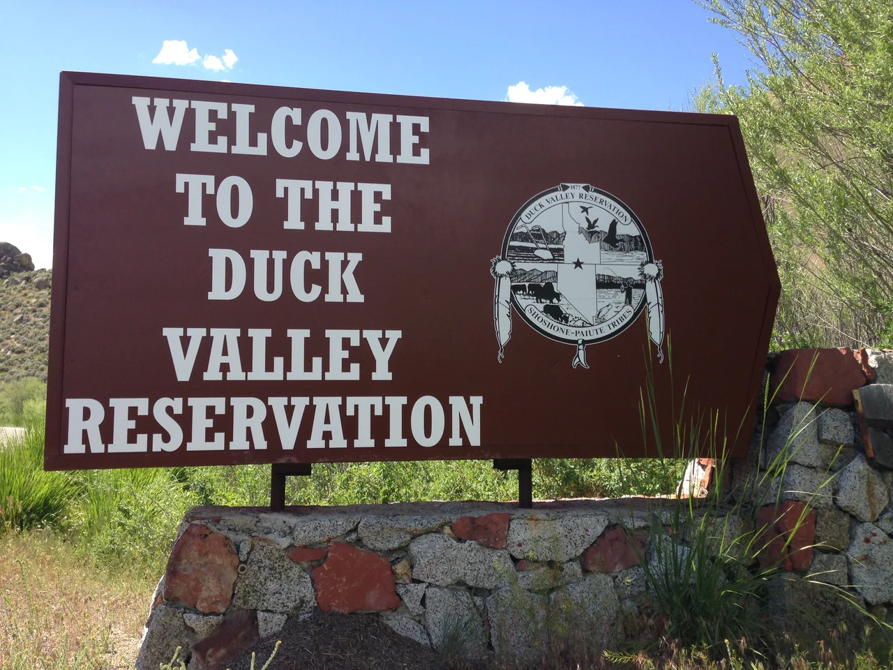 Entrance sign to Duck Valley Reservation along Nevada State Route 225 near Mountain City, Nevada