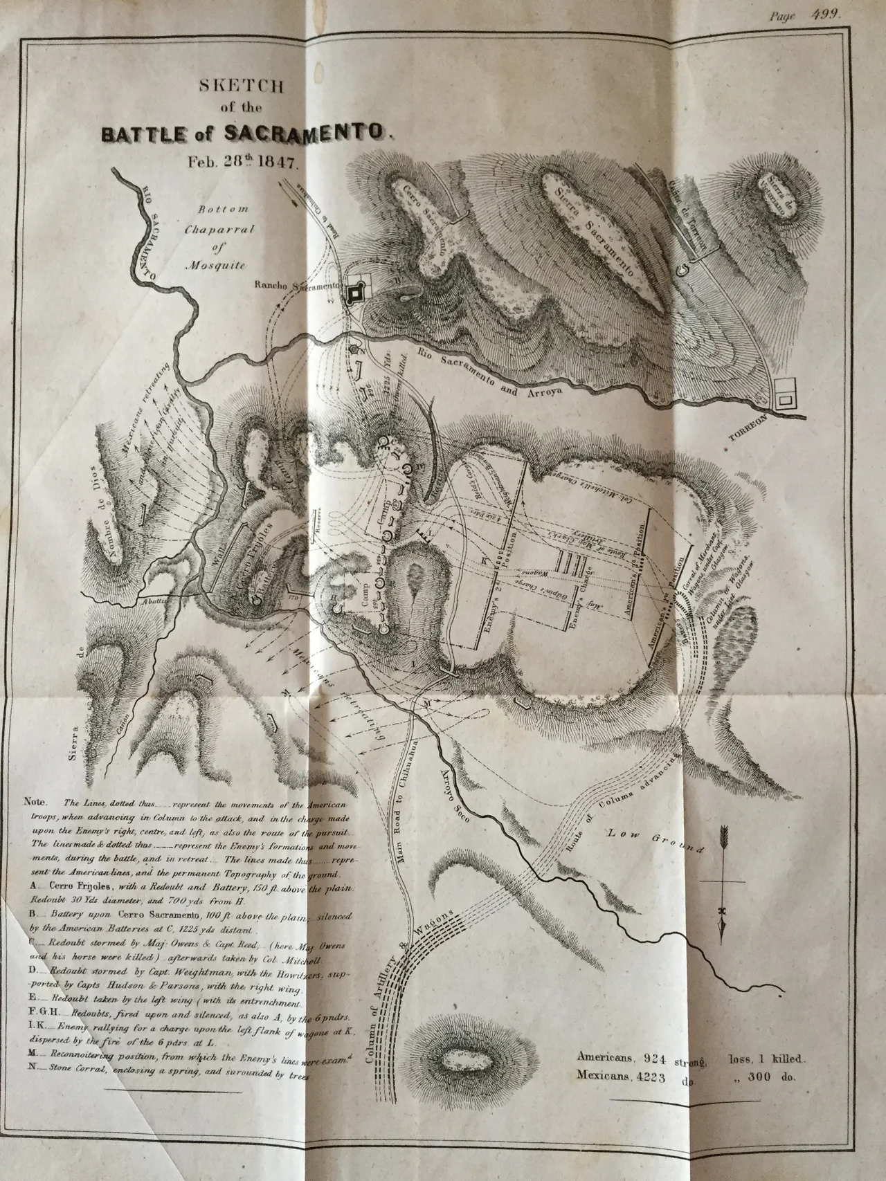 Engraving depicting the formation and movement of the American and Mexican troops and the permanent topography of the ground for the battle of Sacramento, February 28th 1847.