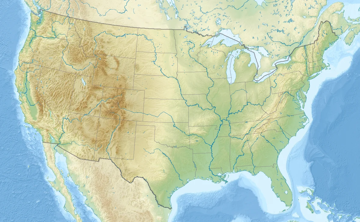 Relief location map of the USA (without Hawaii and Alaska).
EquiDistantConicProjection :
Central parallel :
* N: 37.0° N
Central meridian :
* E: 96.0° W
Standard parallels:
* 1: 32.0° N
* 2: 42.0° N
Made with Natural Earth. Free vector and raster map data @ naturalearthdata.com.
Formulas for x and y:
x = 50.0 + 124.03149777329222 * ((1.9694462586094064-({{{2}}}* pi / 180))
* sin(0.6010514667026994 * ({{{3}}} + 96) * pi / 180))
y = 50.0 + 1.6155950752393982 * 124.03149777329222 * 0.02613325650382181
- 1.6155950752393982 * 124.03149777329222 *
(1.3236744353715044 - (1.9694462586094064-({{{2}}}* pi / 180))
* cos(0.6010514667026994 * ({{{3}}} + 96) * pi / 180))