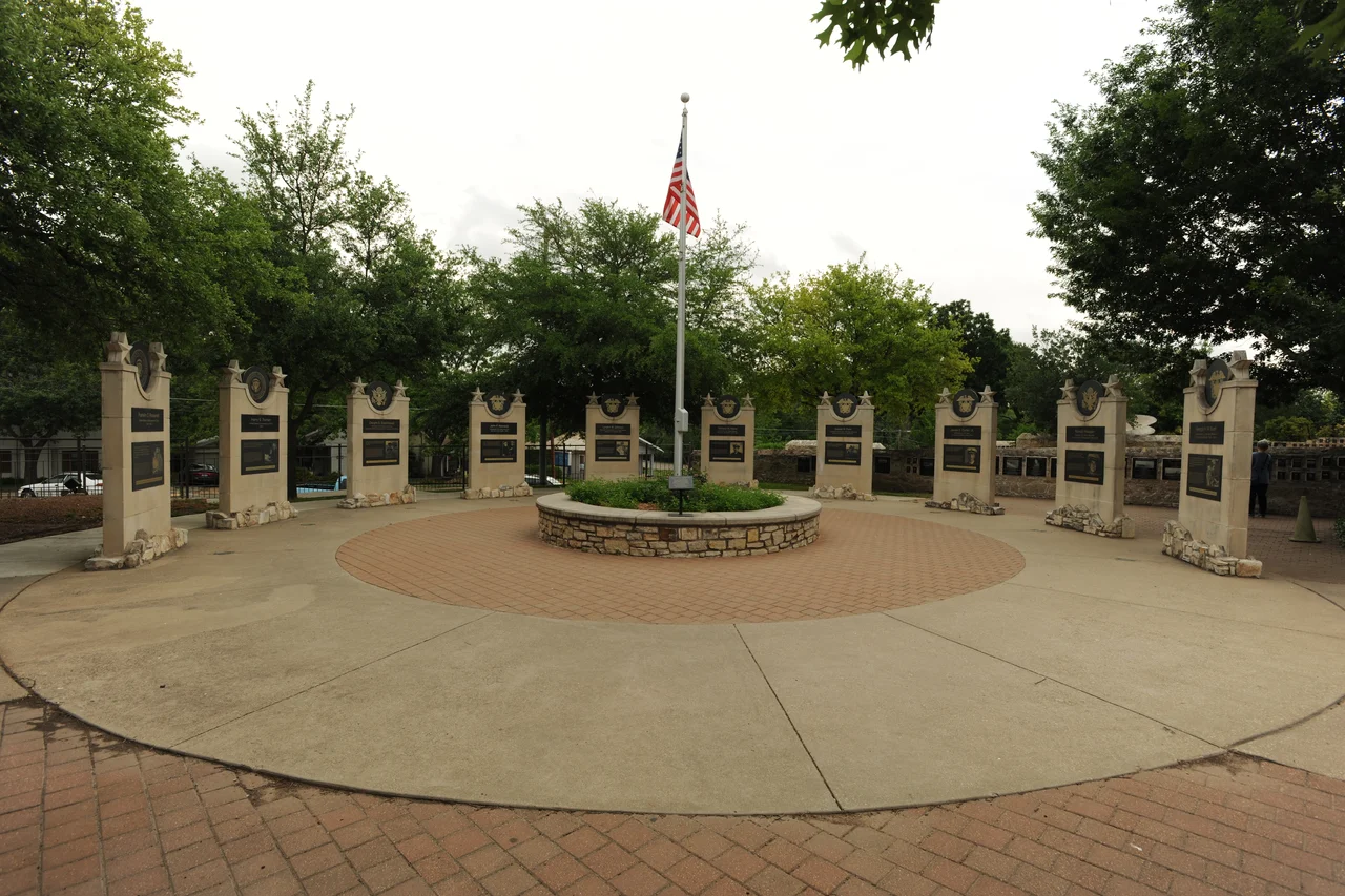 Plaza of the Presidents, commemorating all the US presidents who served during World War II; outdoor display on the grounds of the National Museum of the Pacific War, Fredericksburg, Texas, USA. Each monument honors a US president who served during World War II (FD Roosevelt, Truman, Eisenhower, Kennedy, LB Johnson, Nixon, Ford, Carter, Reagan, and GHW Bush)