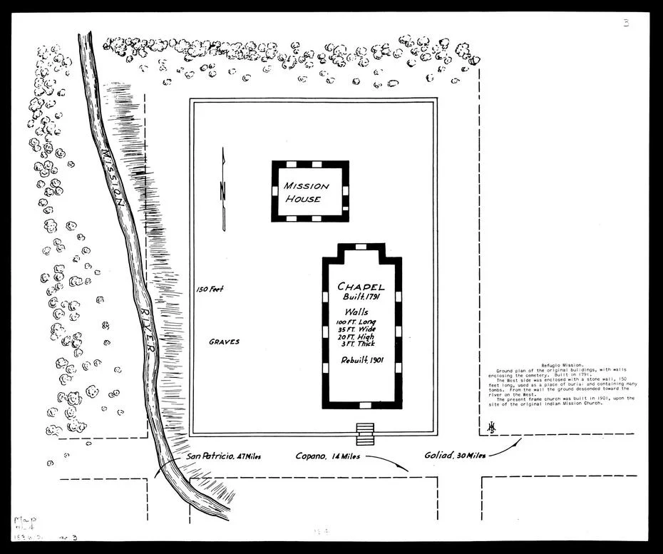 This shows the approximate layout of the location of the Battle of Refugio, a part of the Texas Revolution.