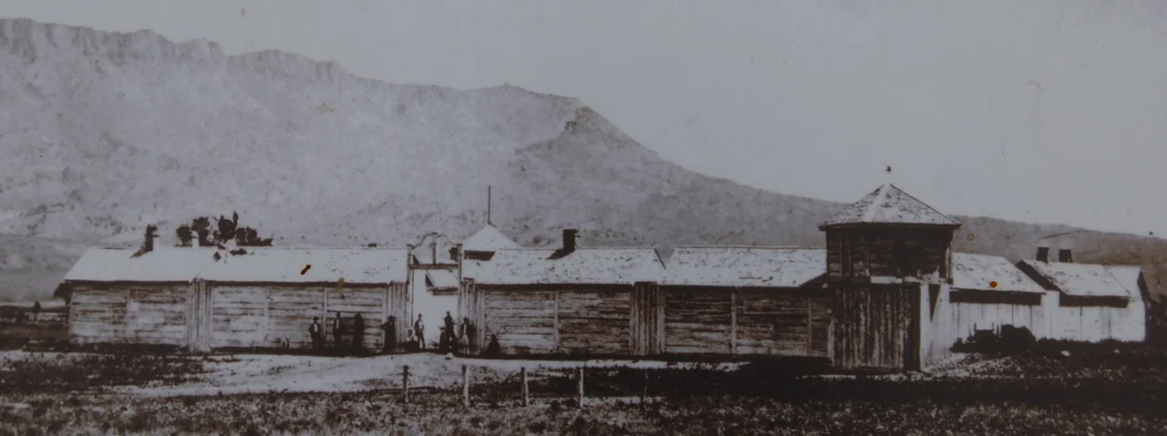 Wooden first structure at Fort Parker, Montana, first Crow Agency, later replaced with adobe complex. From roadside historical marker.