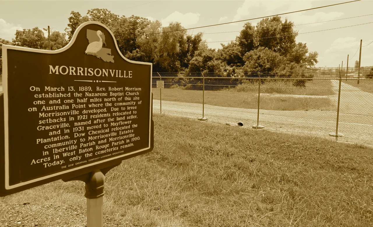 The town no longer exists - locals moved to Plaquemine and other nearby towns. Dow Chemical relocated the town, and only cemeteries remain. Some have referred to this industrial stretch of Mississippi River 'cancer alley'. Sepia-tone image.
