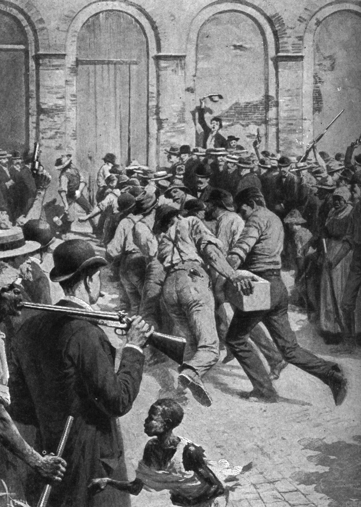 An episode of the lynching of the Italians in New Orleans in 1891 after the murder of police chief David Hennessy.  The citizens breaking down the door of the parish prison with the beam brought there the night before for that purpose.