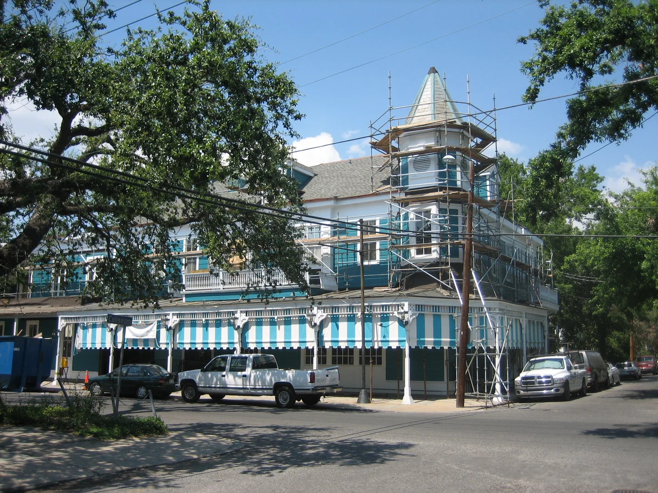 New Orleans after Hurricane Katrina: the well known "Commander's Palace" restaurant was on land above the great flood, but was severely damaged by wind, and is requiring months of repair work.