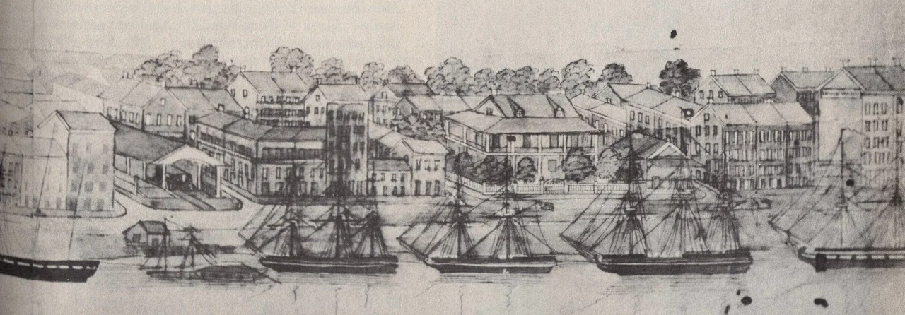New Orleans, 1836. View along the Mississippi River front in the Faubourg Marigny section. Sailing ships along the riverfront. At left is the station for the Pontchartrain Rail-Road at the foot of Elysian Fields Avenue.