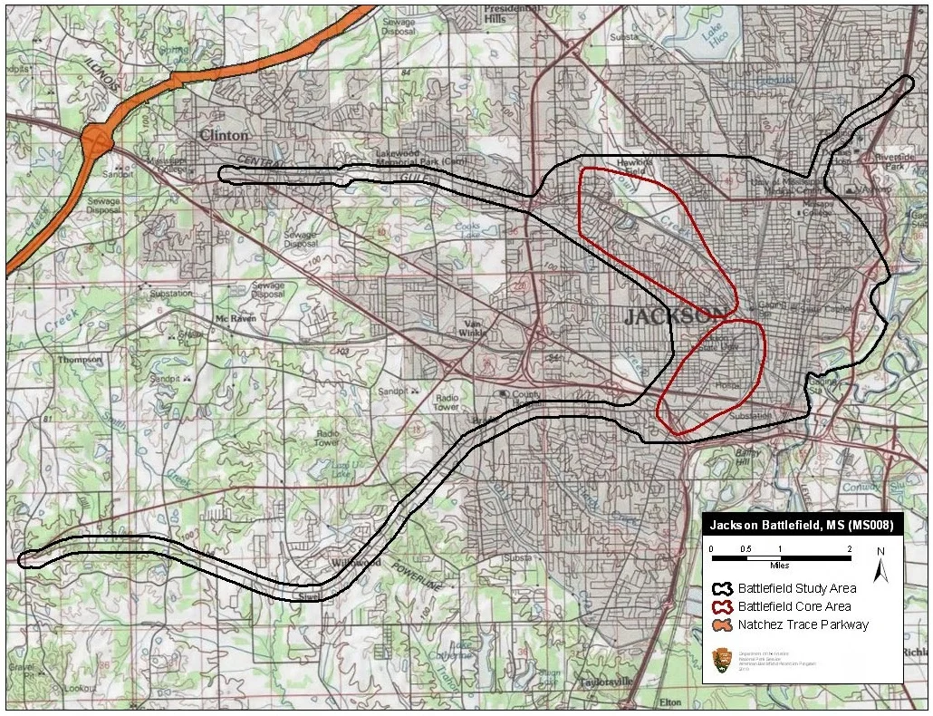 Map of battlefield study and core areas.
Revisions to the Study Area include the addition of the Federal approach routes (Sherman’s and McPherson’s Corps) marching from Clinton and Mississippi Springs on the morning of battle. The Confederate retreat route along the Old Canton Road was also added.

Because there was little to no fighting within the city itself, the Core Area was reduced to more accurately represent the specific locations of fighting to the northwest and southwest of Jackson.
