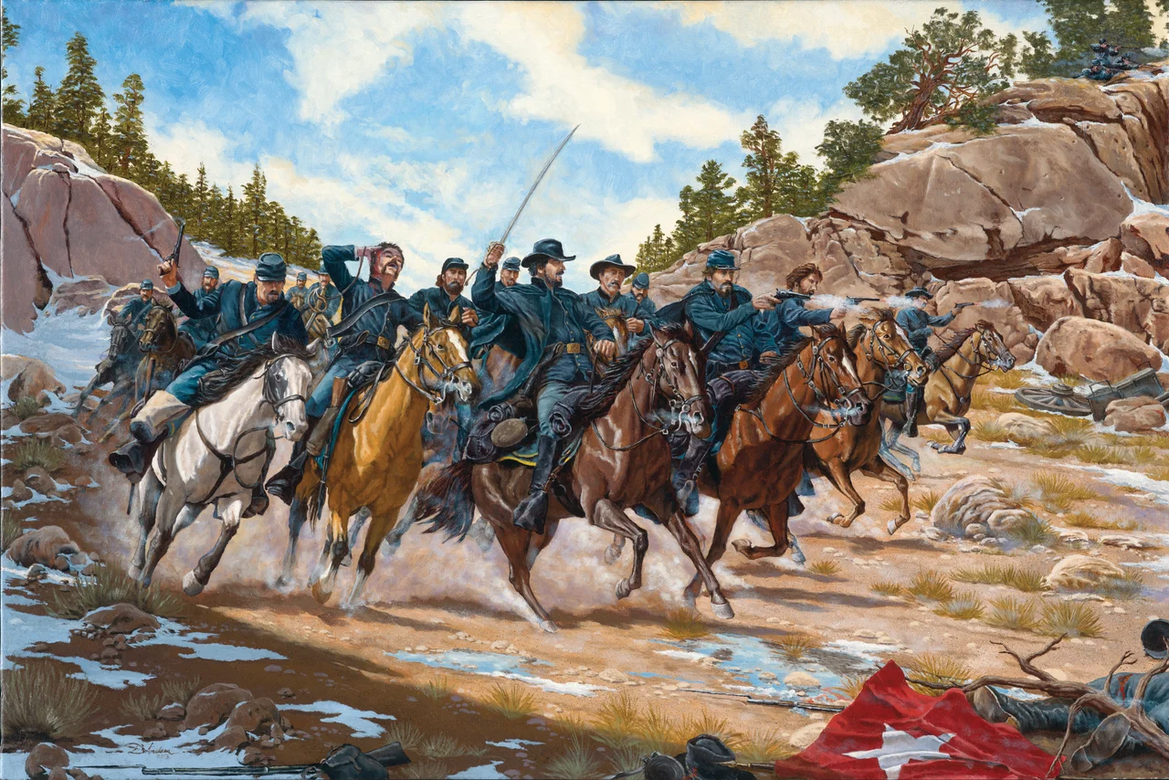 At the start of the Civil War, Confederate Brig. Gen. Henry H. Sibley proposed a plan to seize mining centers in Colorado and California. Sibley recruited three Texas volunteer regiments of cavalry and artillery numbering 3,000 men. They would seize the New Mexico and Colorado Territories.
Sibley’s small army conducted a successful campaign up New Mexico’s Rio Grande Valley. Meanwhile, reinforcements from neighboring Colorado Territory moved south to prevent the Texans from seizing Fort Union, the primary garrison along the Santa Fe Trail.
First Colorado Volunteer Infantry, New Mexico volunteers, and other soldiers encountered Texas forces near Glorieta Pass on March 26, 1862, east of Santa Fe. This high point on the southern end of the Sangre de Cristo Mountains crossed the route to Fort Union.
ompany of Colorado mounted infantry charged the Confederates west of the Glorieta summit in snowy Apache Canyon. This advance halted at dusk without a clear victory. The armies engaged again on March 28. Day’s end seemed to bring about victory for the Southerners.
Confederate fortunes changed dramatically when a force of Colorado and New Mexico troops destroyed the Confederate supply train near Johnson’s Ranch. Unable to continue the advance northwards, Sibley and his troops retreated back toward Santa Fe and ultimately back to Texas.
The Battle of Glorieta Pass, sometimes called the "Gettysburg of the West," ended Confederate hopes of establishing access to mineral resources in Colorado. Colorado and New Mexico territorial troops had effectively preserved the Union in the west. The proud heritage of these citizen-soldiers lives on in today's Colorado and New Mexico Army National Guards.