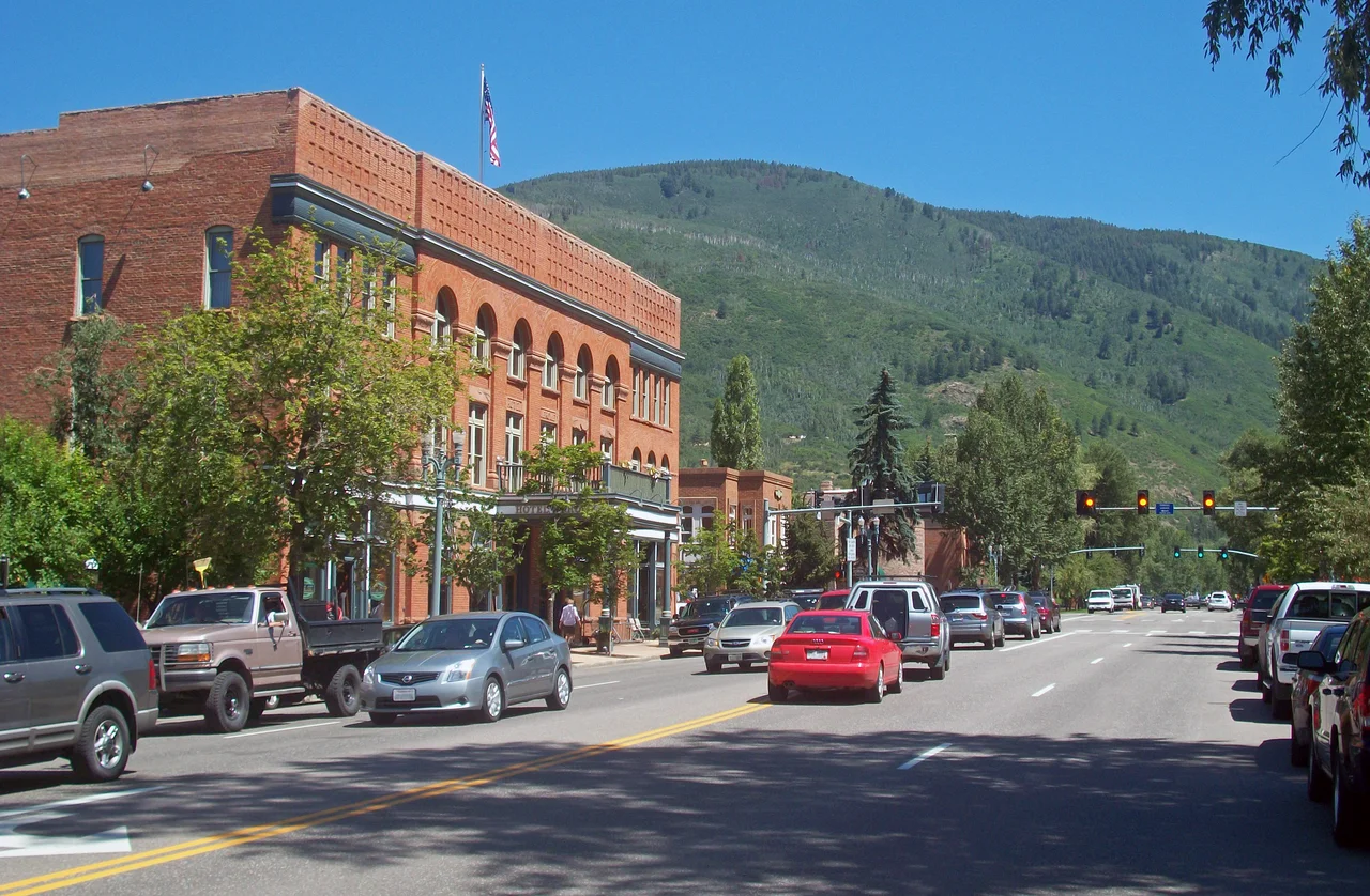 View east down Main Street (SH 82) past the Hotel Jerome in downtown Aspen, CO, USA