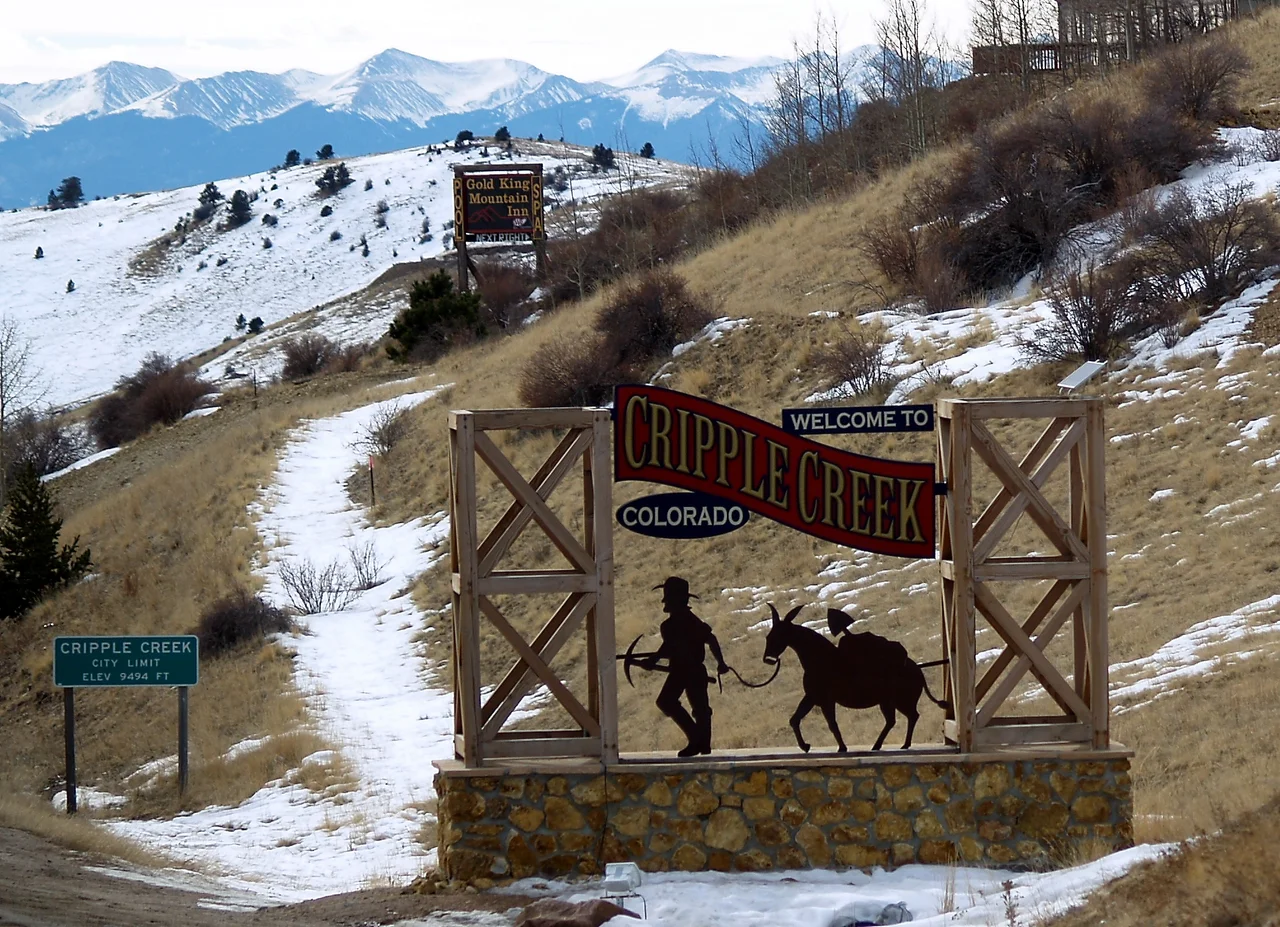 The sign welcoming visitors to Cripple Creek, Colorado in Teller County.