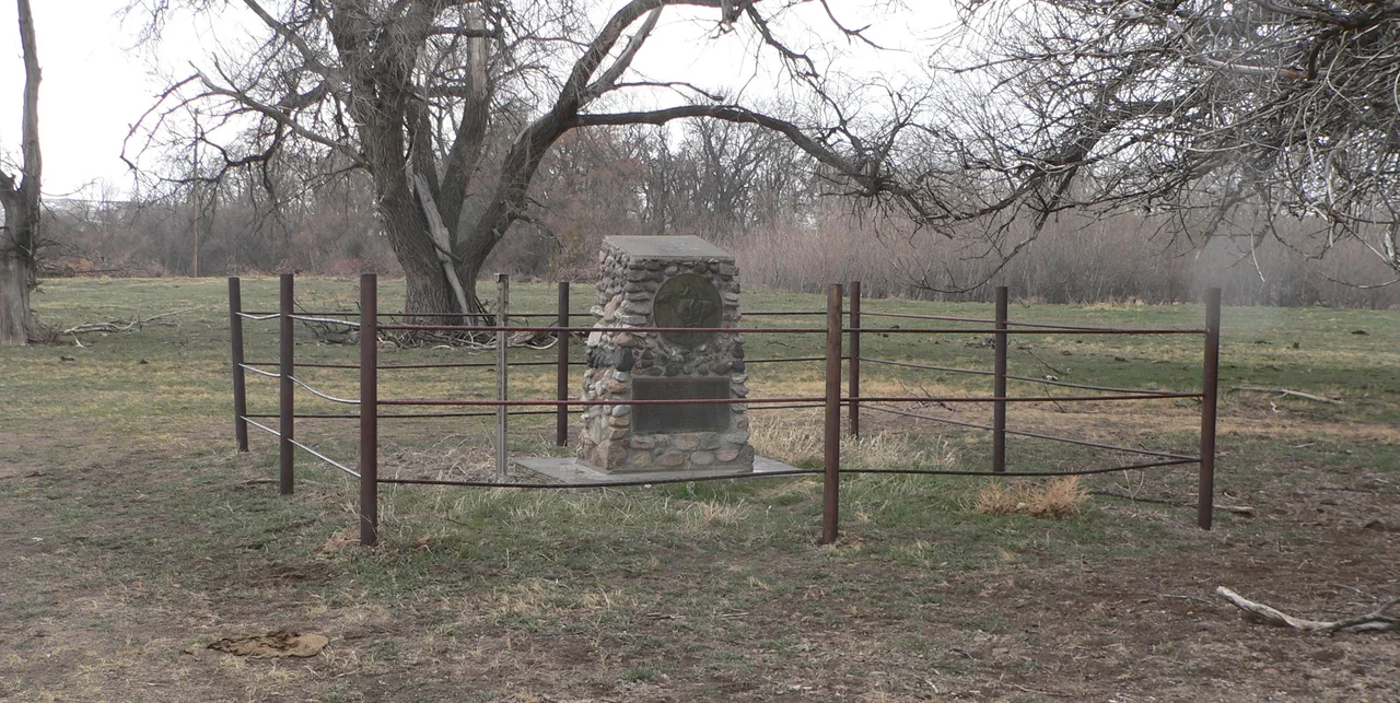 Monument at Mud Springs Pony Express station site, located in southern Morrill County, Nebraska, about 2 miles west of U.S. Highway 385, just west of county road 107 between county roads 68 and 70.