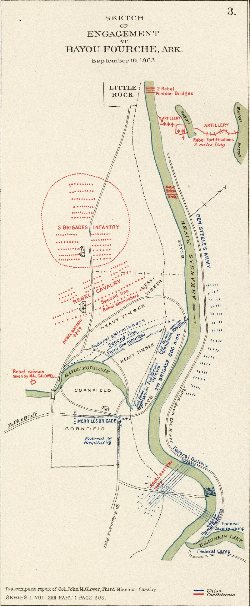 Sketch of engagement at Bayou Fourche, Arkansas, fought September 10, 1863, between the Confederate forces under Major General Price and the United States forces under Major General Steele. To accompany report of Col. John M. Glover, Third Missouri Cavalry.Higher-resolution version at the David Rumsey Historical Map Collection
Sketch
Bayou Forche