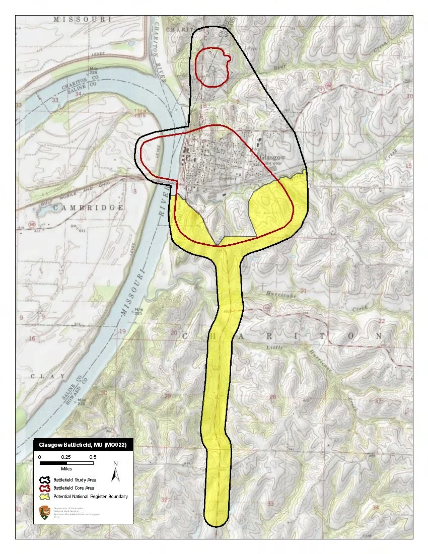 Map of battlefield core and study areas.
Although the battlefield was surveyed in 1993, the CWSAC did not delineate a Study Area or a Core Area for Glasgow. The ABPP’s new Study Area includes 1) the location of Shelby’s battery on the west side of the Missouri River, 2) Clark’s approach from the south (starting from the position where the Confederates first heard Shelby's guns shelling the town), 3) the main engagement area south of the town, 4) areas of troop movement east and north of town, and 5) the cavalry engagement north of town.

Two Core Areas have been identified. The larger Core Area represents the main area of fighting, which includes the Confederate line of battle and batteries to the south, the fields of fighting to the south and east of the town, and locations where fighting took place within the town itself. This Core Area extends to the west to include the location of Shelby's guns. The second, smaller Core Area represents the location where elements of Hardin’s cavalry defended the northern approach into the town of Glasgow from attacking Confederate horsemen commanded by Colonel Robert Lawther.