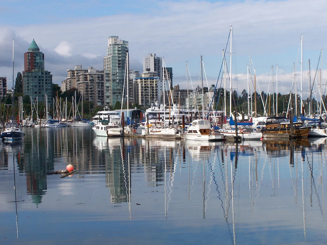 Coal Harbour. Coal Harbour and its marina viewed from the Stanley Park seawall in Vancouver's West End, Vancouver.