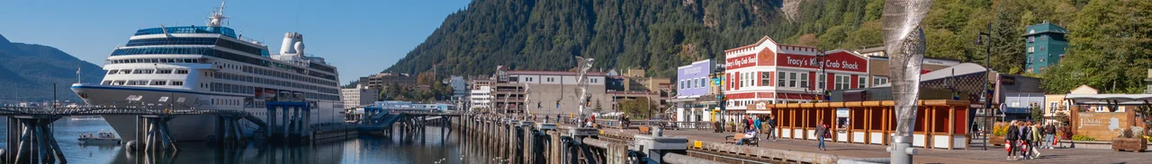 Oceania cruise ship, REGATTA - IMO 9156474, at the dock that runs the length of the harbor in Juneau, Alaska USA.
Note: There are ten 20-foot-high, stainless steel sculptures mounted on the mooring dolphins the cruise ships tie up to. They are called ‘Aquileans’ by the sculptor, Cliff Garten.
Note: This image was extracted as a 7:1 banner intended for Wikivoyage topic of "Juneau", Alaska USA.
