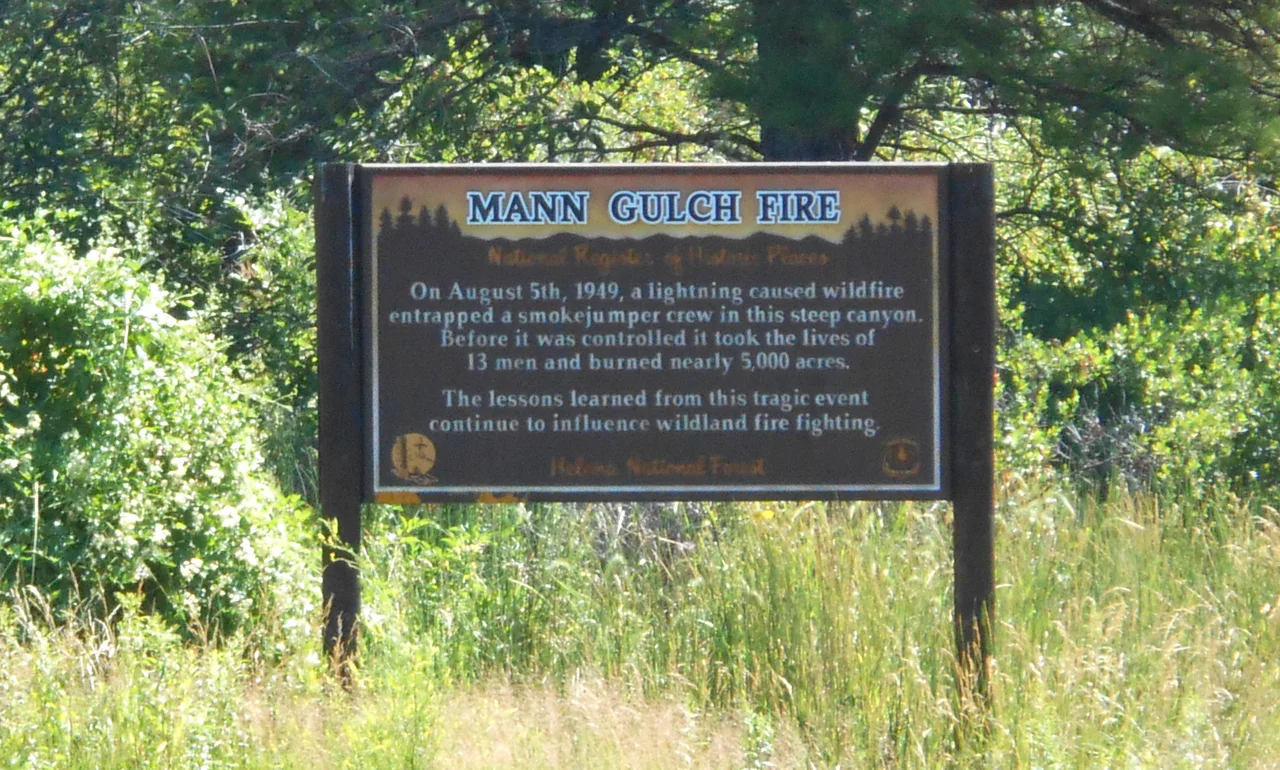 Sign for the Mann Gulch fire, a 1949 wildfire disaster in Mann Gulch on the Missouri River, now in the Gates of the Mountains Wilderness Area of the Helena National Forest.  The site is listed on the National Register of Historic Places.