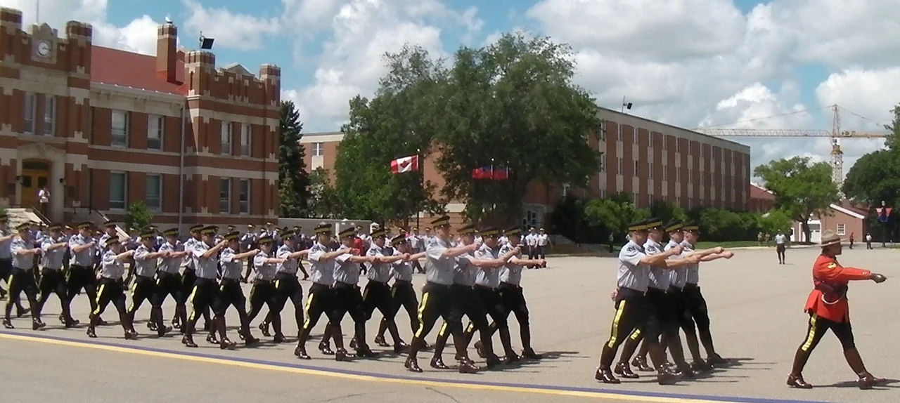 Royal Canadian Mounted Police cadets at the RCMP Academy in Regina, Saskatchewan, Canada. 1:16 PM local time.