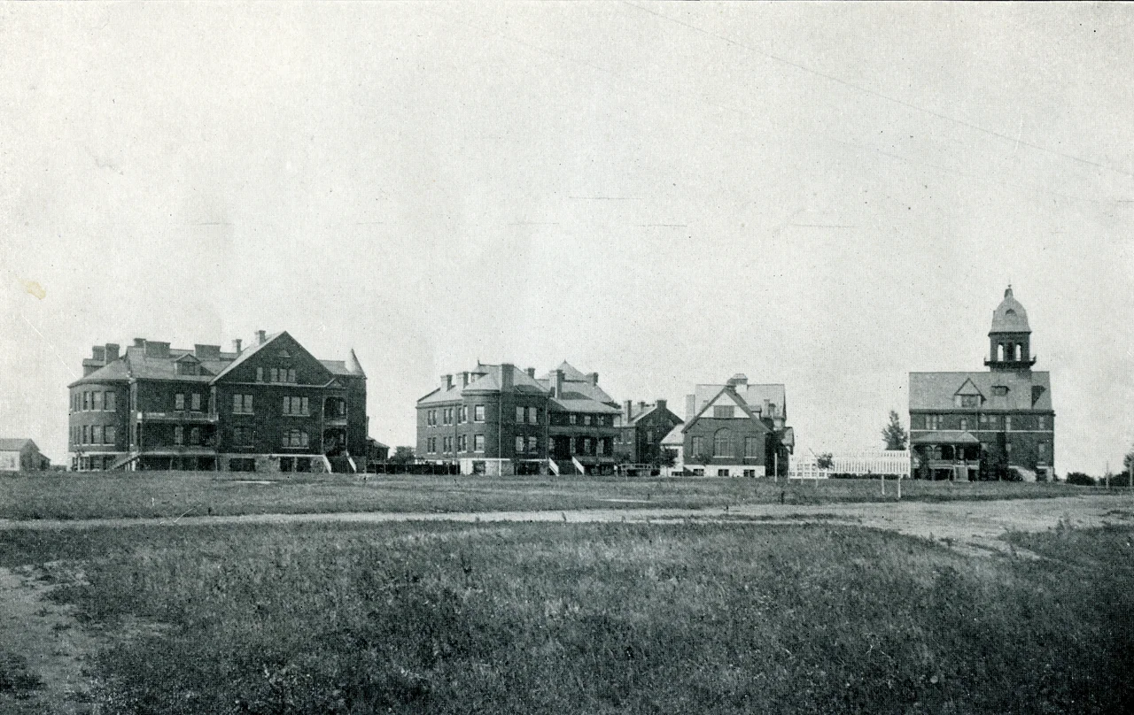 Several buildings on the State Insane Hospital campus in Jamestown, North Dakota, circa 1895-1901.