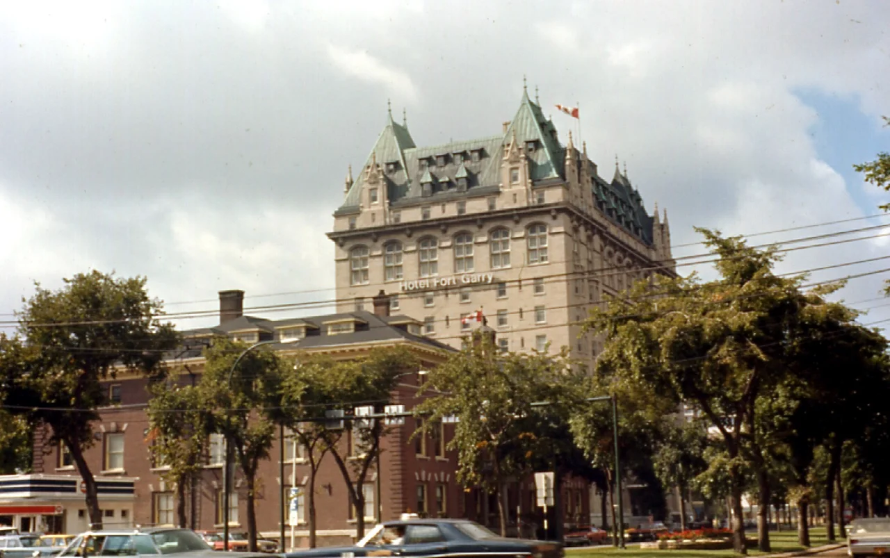 Cross-Canada train trip on the "Canadian" in 1970.  Hotel Fort Gary, the CN railway hotel opposite the railway station in Winnipeg, Manitoba, Canada.
