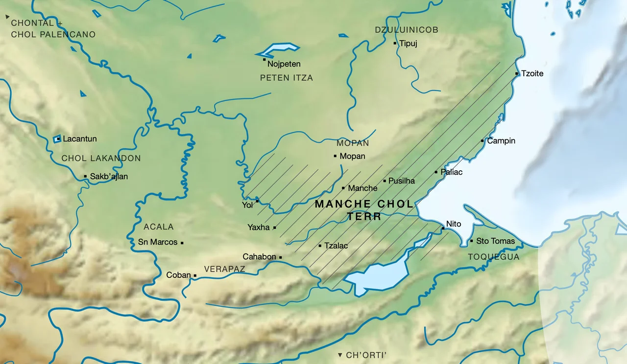 Rough PNG map of the Manche Chol / Ch'ol Territory and environs in the 16th century, based on File:Maya civilization location map-blank.svg, and processed via MacOS Pages, with (1) some toponym spellings per Jones 1998 p xx map 1, and (2) most locations and some toponym spellings per Becquey 2012 maps 3, 6, 8, 10, (3) some locations per Google Maps. Note (1) hatching roughly depicts extent of the Territory in circa mid 16th cent, (2) principal settlements marked in title case, and polities in all caps, (3) all locations are very approximate.
Cited –
Becquey, Cédric (5 December 2012). "Quelles frontières pour les populations cholanes?". Ateliers d’anthropologie (in French). 37. doi:10.4000/ateliers.9181.
Jones, Grant D. (1998). The Conquest of the Last Maya Kingdom. Stanford, California, US: Stanford University Press. ISBN 978-0-8047-3522-3.