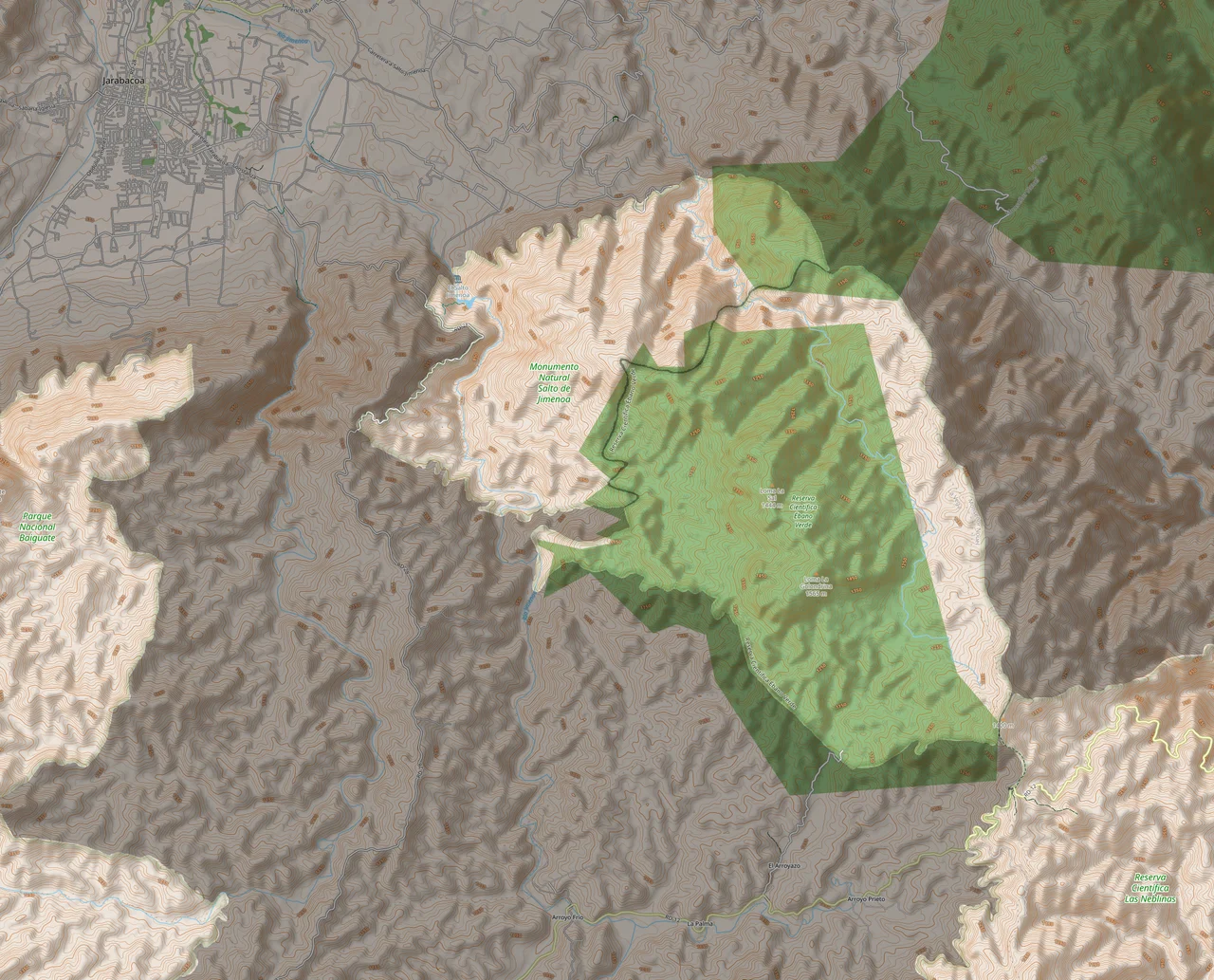 View of Ebano Verde's location and proximity to neighboring towns, such as Jarabacoa. Highlighted areas are "Ebano Verde" and "Salto de Jimenoa" in the center, "Baiguate" in the West and "Las Neblinas" in the SouthEast.