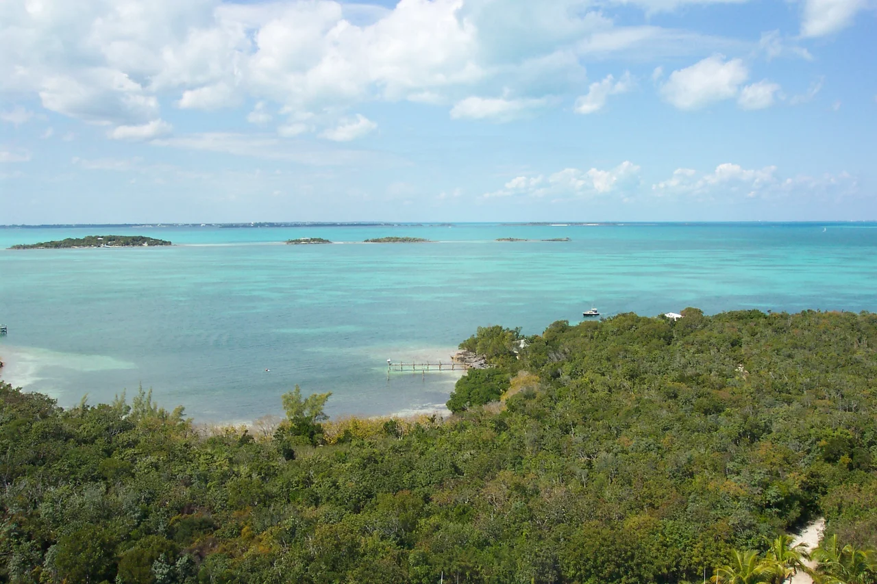 View facing west from the Hope Town Lighthouse on Elbow Cay in the Abaco Islands, Bahamas. All but one of the Parrot Cays are seen in the turquoise Sea of Abaco, with the eastern shore of Great Abaco Island visible along the horizon.
Note: The above description is by the uploader, Lithium6ion, and has not been endorsed by the author.