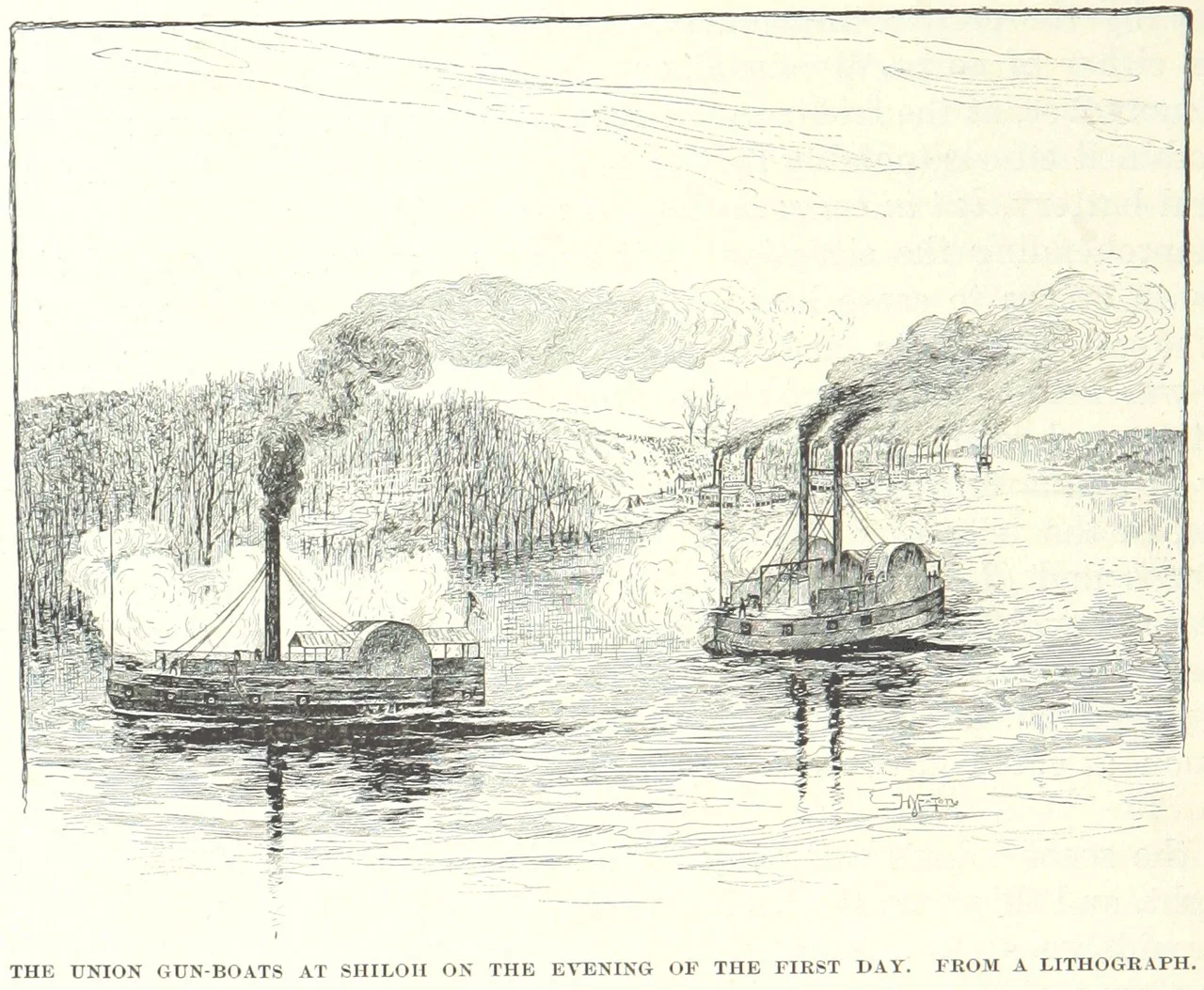The gunboats USS Lexington and USS Tyler on the Tennessee River in the evening of the first day of the Battle of Shiloh.  (Which is which, the uploader cannot tell).