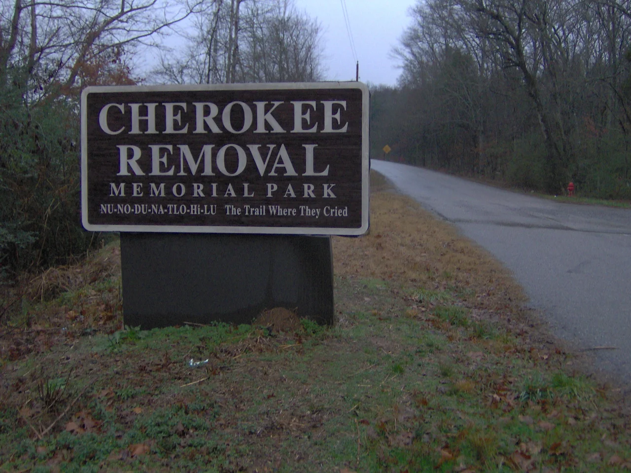 The entrance to the Cherokee Removal Memorial Park — at the Hiwassee Wildlife Refuge in Meigs County, Tennessee.
The park overlooks the Blythe Ferry site, where over 9000 Cherokee were ferried across the Tennessee River to begin the Trail of Tears in 1838 — a forced ethnic removal march from their homelands to Oklahoma.