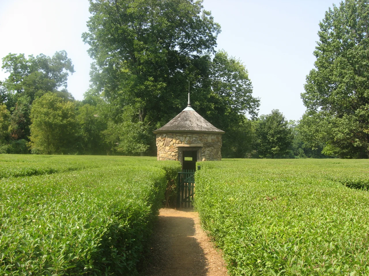 A pathway in the Harmonist Labyrinth, located off Main Street on the southern edge of New Harmony, Indiana, United States. Built in 1820, the Labyrinth is part of the New Harmony Historic District, a National Historic Landmark District.